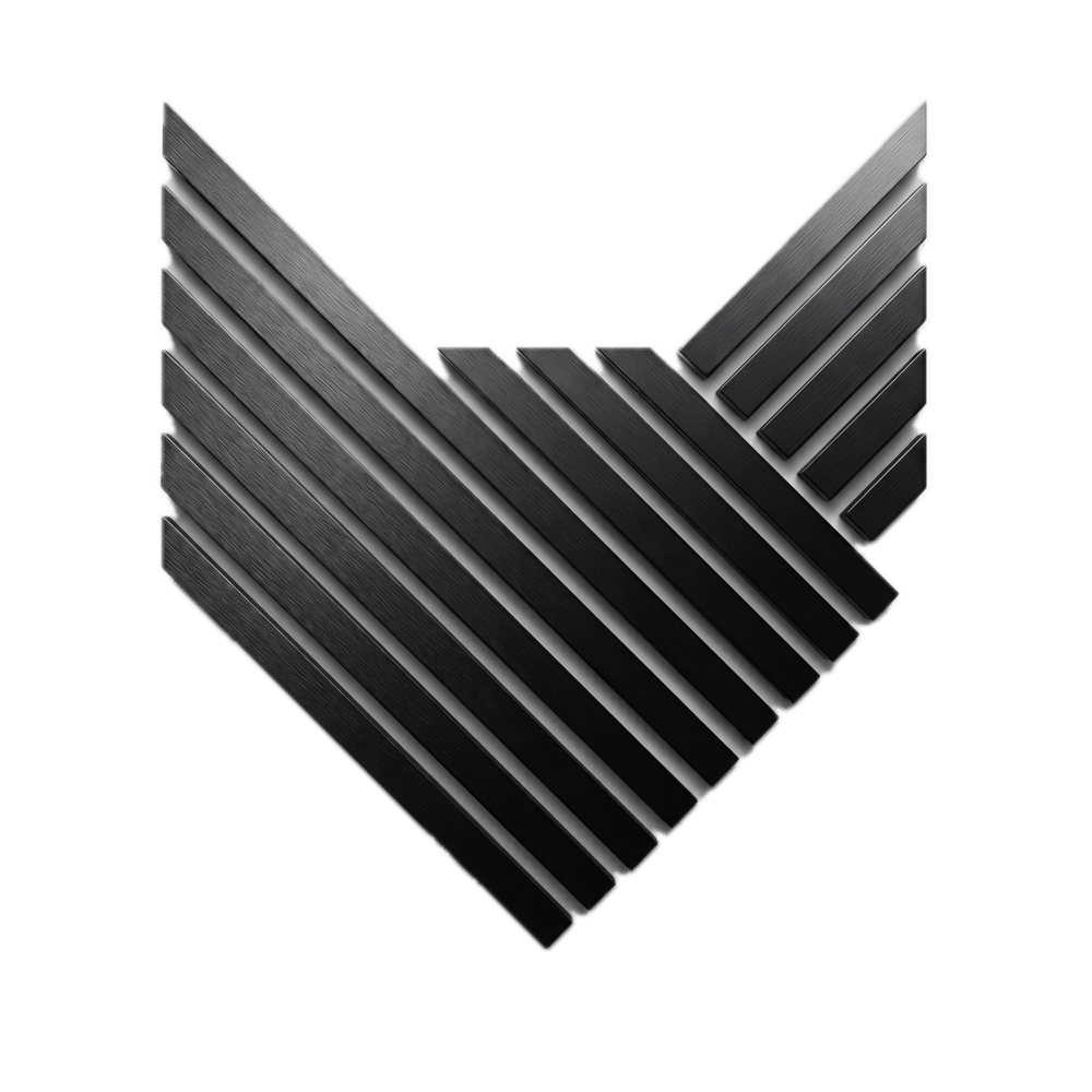 Abstrakte, v-förmige Form aus diagonalen, grauen und schwarzen Streifen, die in der Mitte überlappen.