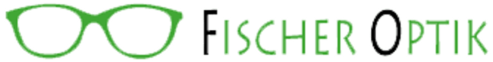 Grünes Brillenlogo mit dem Text "FISCHER OPTIK", wobei "F" und "O" schwarz sind, der Rest grün.