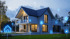 Modernes Haus bei Dämmerung mit leuchtenden Smart-Home-Symbolen, die es umgeben.