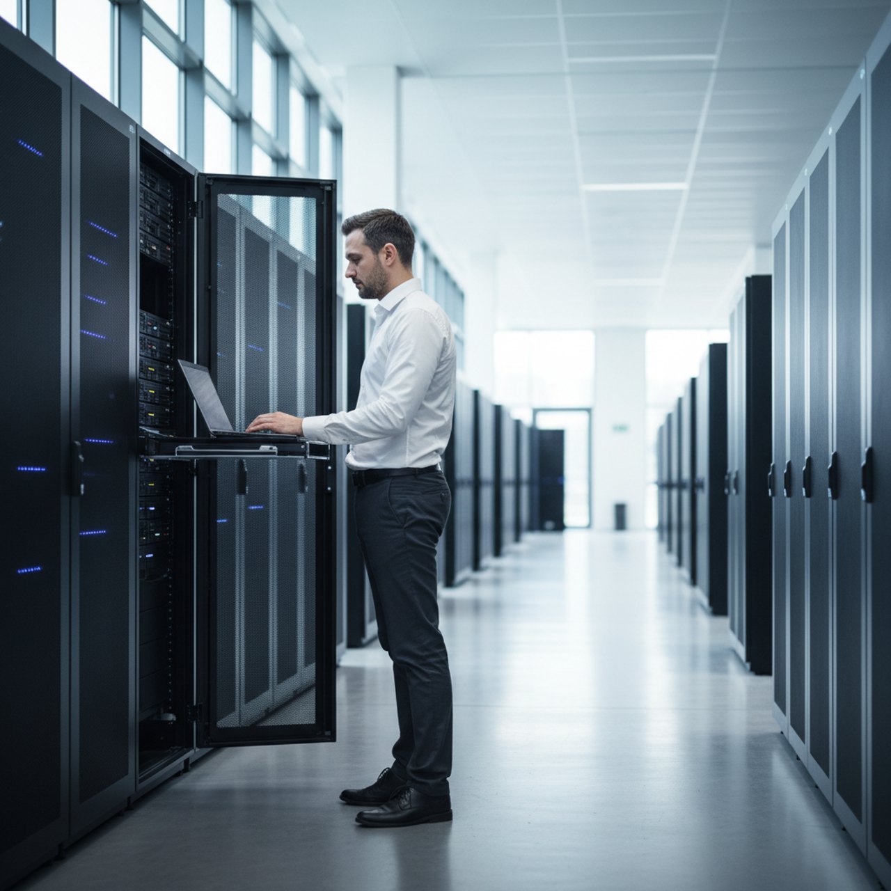 Techniker im Rechenzentrum am Serverschrank