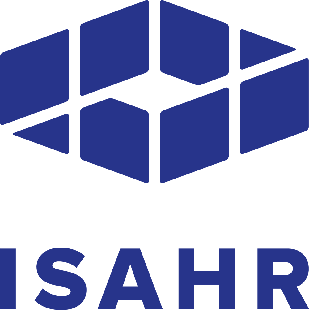 Blaues Logo der Firma ISAHR mit einer abstrakten, geometrischen Gitterstruktur in Rautenform auf schwarzem Grund.