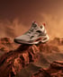 Grauer und orangefarbener Sportschuh auf ockerfarbenen Felsen in einer sandigen, staubigen Landschaft.