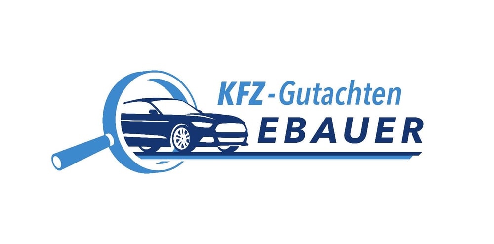 Blaues Logo mit Lupe, Auto und Text „KFZ-Gutachten EBAUER“.