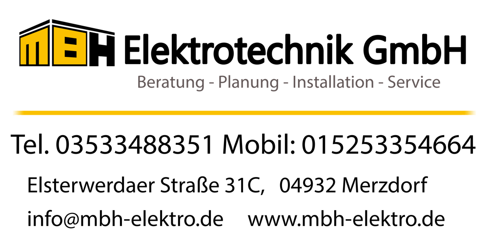 Logo der MBH Elektrotechnik GmbH mit Kontaktdaten, Adresse und Website-URL.
