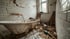 Verfallenes Badezimmer mit freistehender Badewanne, abgeplatzten Fliesen und Schutt auf dem Boden.