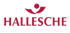 Logo mit rotem "HALLESCHE"-Schriftzug und einer stilisierten menschlichen Figur darüber auf grünem Hintergrund.