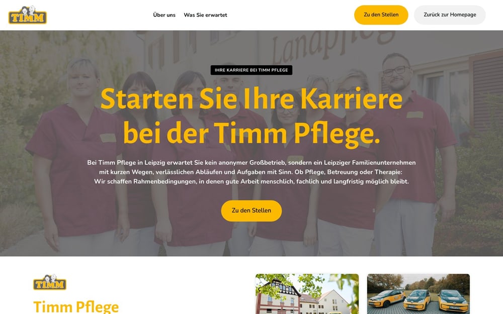 Karriereseite von Timm Pflege in Leipzig mit Teamfoto vor dem Landpflegeheim