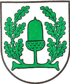 Wappen mit grüner Eichel und zwei grünen Eichenzweigen auf weißem Hintergrund.