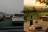 Verkehr auf einer Autobahn und Wein, Käse und Trauben auf einem Tisch im Weinberg bei Sonnenuntergang.