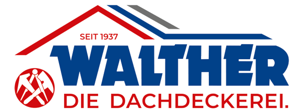 Walther Dachdeckerei Logo: Rotes Dach, blaue Schrift "WALTHER", darunter "DIE DACHDECKEREI.", "SEIT 1937".
