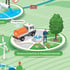 A watering truck uses treated and UV-treated water; a man uses the water to water the city's green spaces