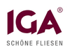 IGA SCHÖNE FLIESEN Logo: Roter Schriftzug "IGA" mit registriertem Warenzeichen, darunter "SCHÖNE FLIESEN" in Grau.