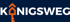 KÖNIGSWEG-Logo mit orangefarbenem Hausschlüssel als Buchstabe O auf dunkelblauem Hintergrund.