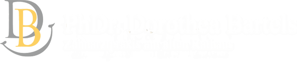 Logo mit grauen Buchstaben "D" und gelbem "B", daneben Text: "PhDr. Dorothea Bartels, Zahnarztpraxis im alten Rathaus."