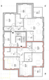 Architektonischer Grundriss mit 3 Wohnungen, Treppenhaus und markiertem Gang.