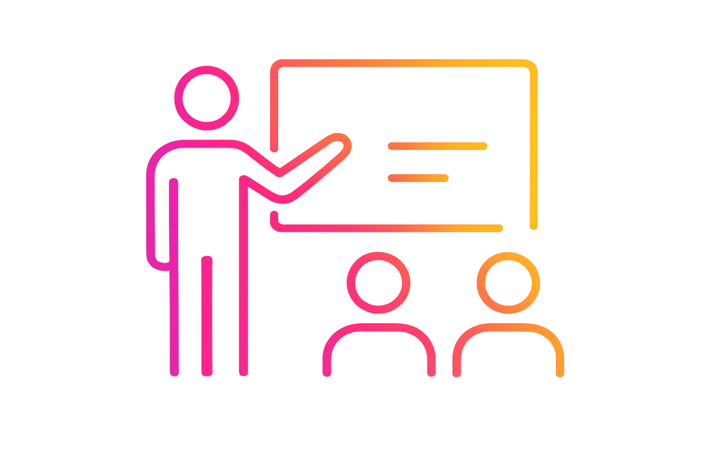 An orange and pink gradient outline icon shows a person teaching in front of a board to two seated students.