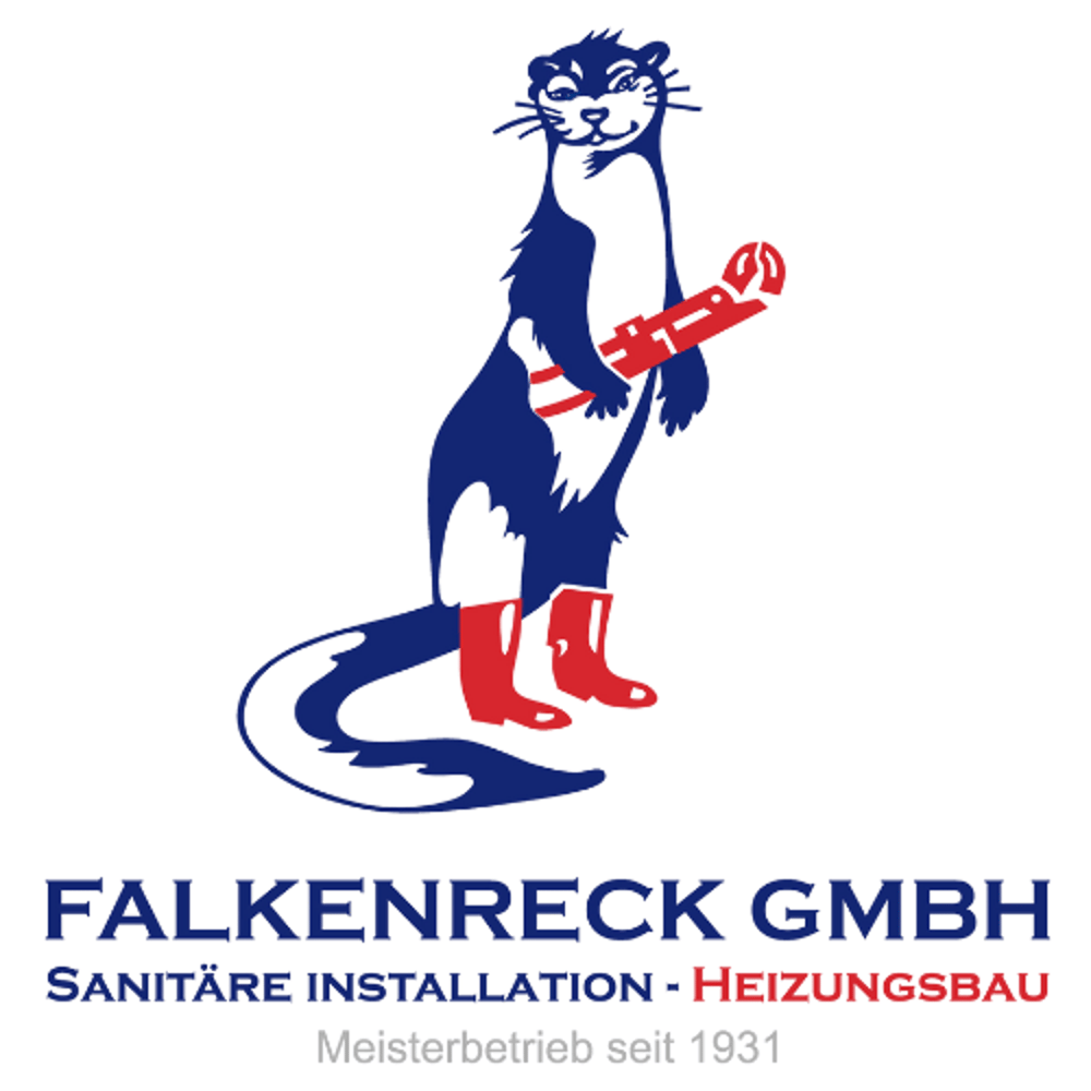 Dunkelblauer Maskottchen Otter mit roten Stiefeln und rotem Schraubenschlüssel; Text: FALKENRECK GMBH, SANITÄRE INSTALLATION - HEIZUNGSBAU, Meisterbetrieb seit 1931.