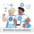 Zwei Personen in Superheldencapes und T-Shirts mit Flussdiagramm-Symbolen, umgeben von Prozess-Icons und Text: "Workflow Automatisierung".
