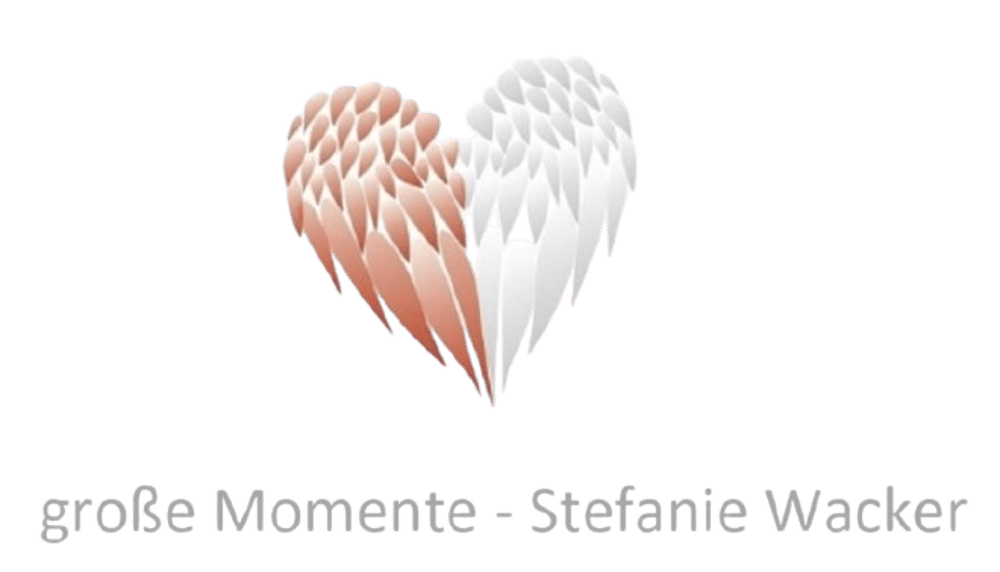 Herzförmige Flügel, eine Seite rosa, die andere weiß, über dem Text „große Momente – Stefanie Wacker“.