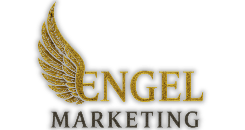 Goldene Engelsflügel mit „ENGEL MARKETING“ auf dunklem Hintergrund.