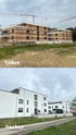Oben: Baustelle mit zwei Rohbauten, Kran, Text "Vorher". Unten: Zwei weiße Mehrfamilienhäuser, Text "Nachher".