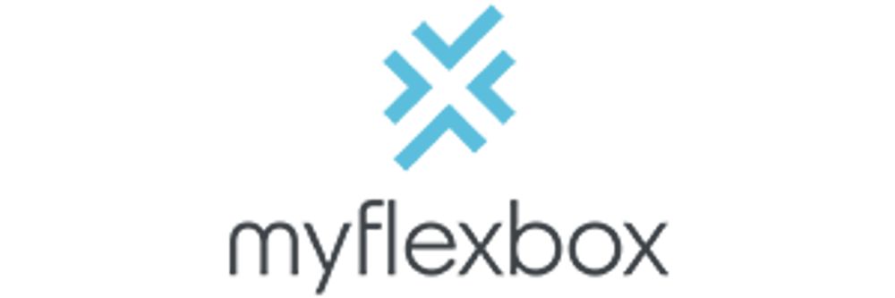 Logo von Myflexbox mit vier blauen, pfeilförmigen Elementen, die ein X bilden, und dem Text "myflexbox" darunter.