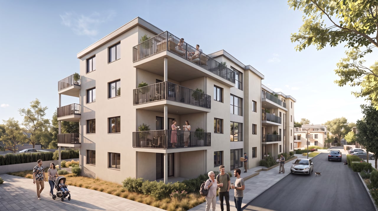 Neubau Lucianwiesen II in Weikersheim, Außenansicht der Mehrfamilienhäuser mit Balkonen