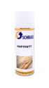 Schrass Haftfett Sprühdose mit weißer Kappe und Anwendungsfoto von Drahtseilen vor schwarzem Hintergrund.