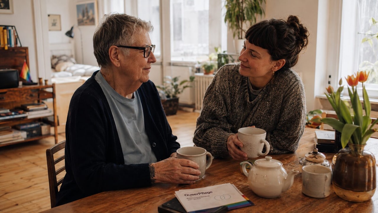 Ein älterer Mann und eine jüngere Frau sitzen mit Tee am Tisch und sprechen über Unterstützung im Alltag.
