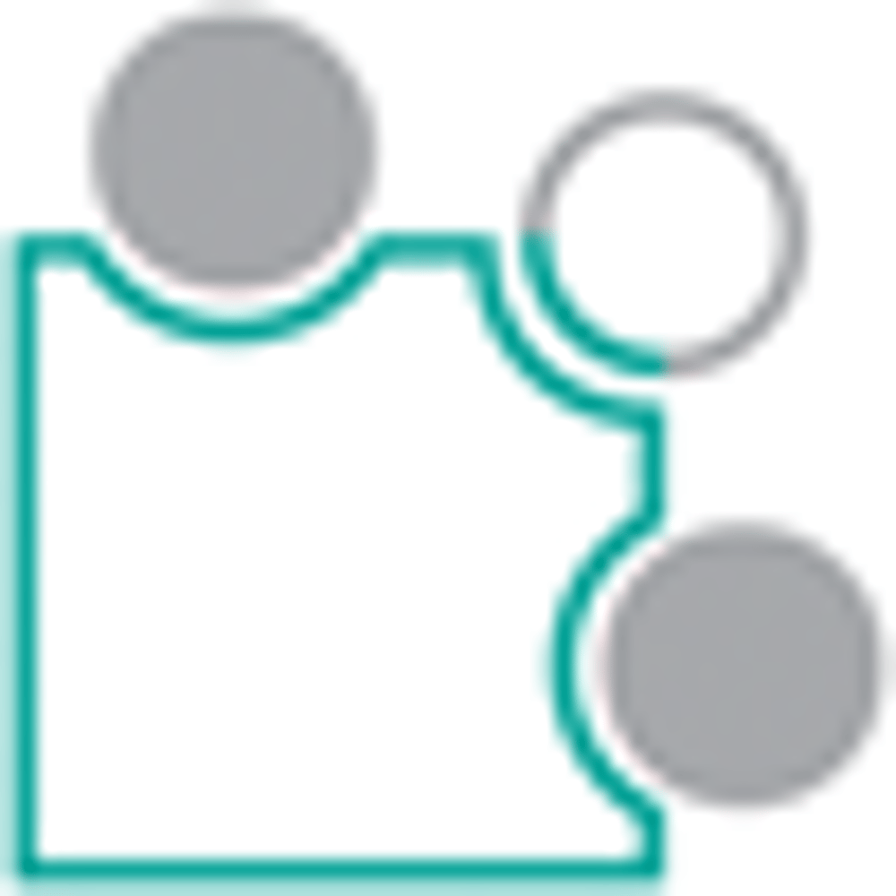 Zwei graue Kreise und ein weißer Kreis schweben über einer türkisfarbenen, puzzleartigen Form.