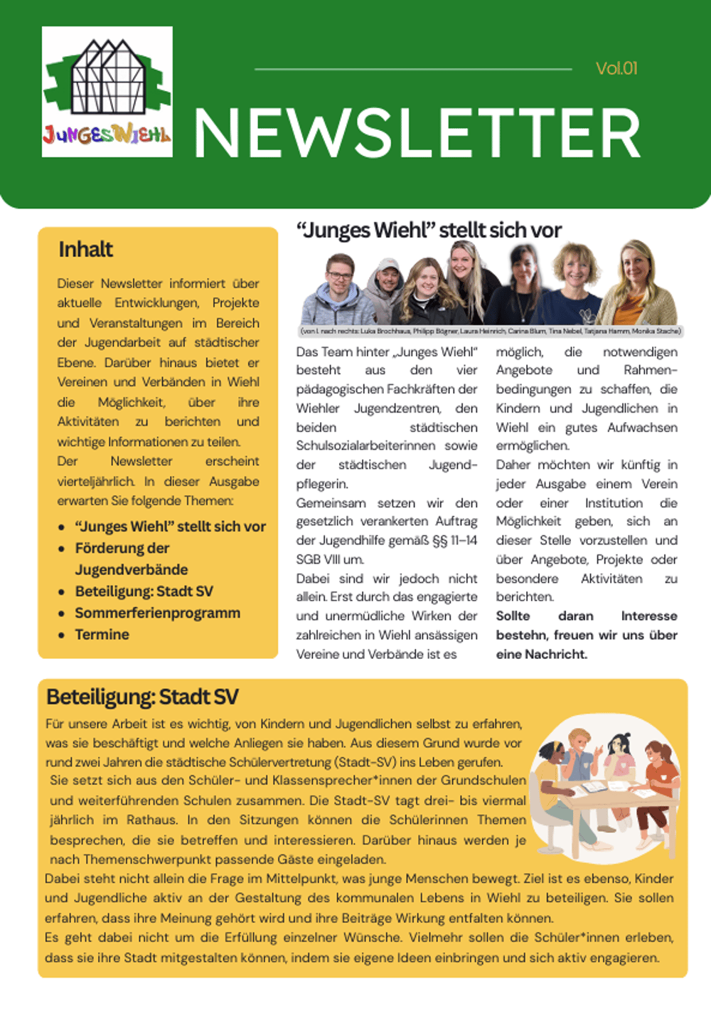 Newsletter "Junges Wiehl" mit Teamfoto und Texten zu Jugendarbeit, Stadt-SV Beteiligung und Inhalten der ersten Ausgabe.
