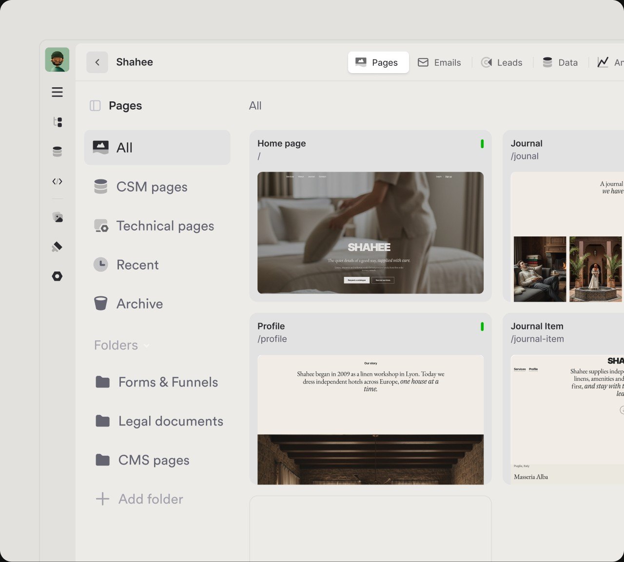 The pages of the Shahee site in the Onepage builder