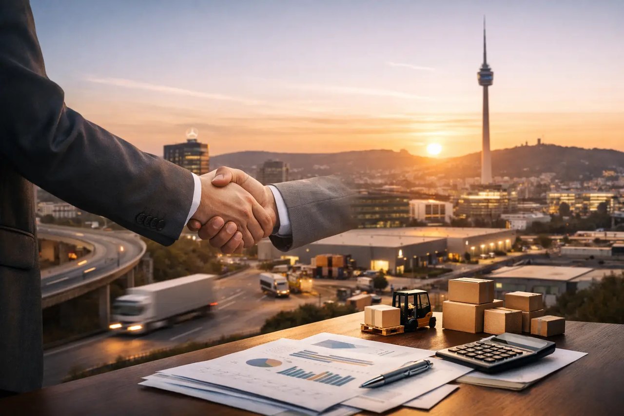 Händedruck vor Logistikzentrum mit LKW, Paketen und Stuttgarter Fernsehturm bei Sonnenuntergang.