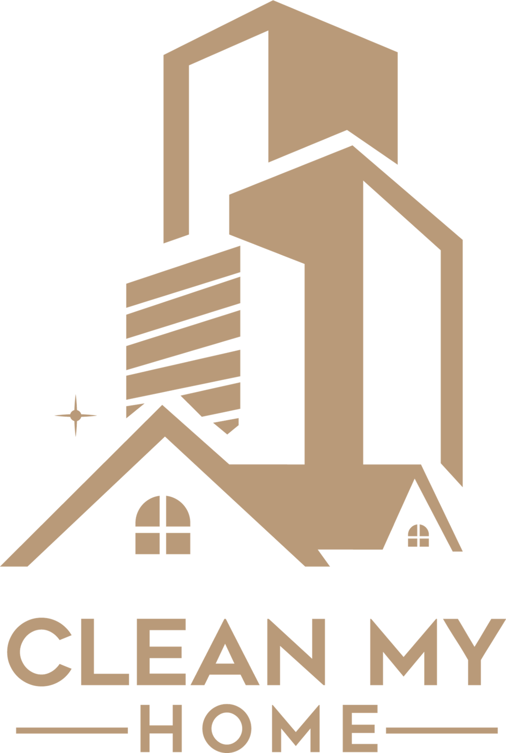 Blaues Logo mit stilisierten Gebäuden, Häuserdächern und Text "CLEAN MY HOME".