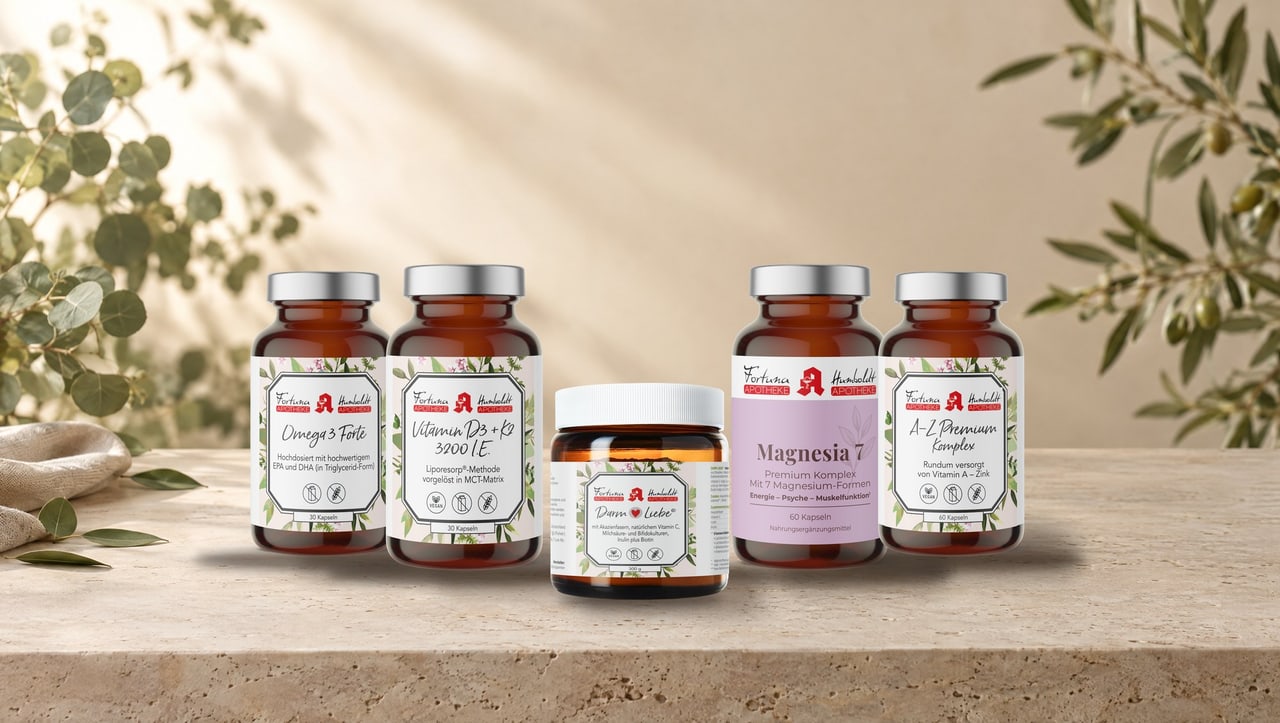 Omega 3 Forte, Vitamin D3 + K2, Darm Liebe, Magnesia 7 und A–Z Premium Komplex aus unseren Eigenmarken auf einem hellen Steinpodest (Hintergrund KI-generiert)