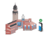 Rathausgebäude mit Turm, Solarpaneelen auf dem Dach und E-Ladesäule mit Text "E-Ladesäule".