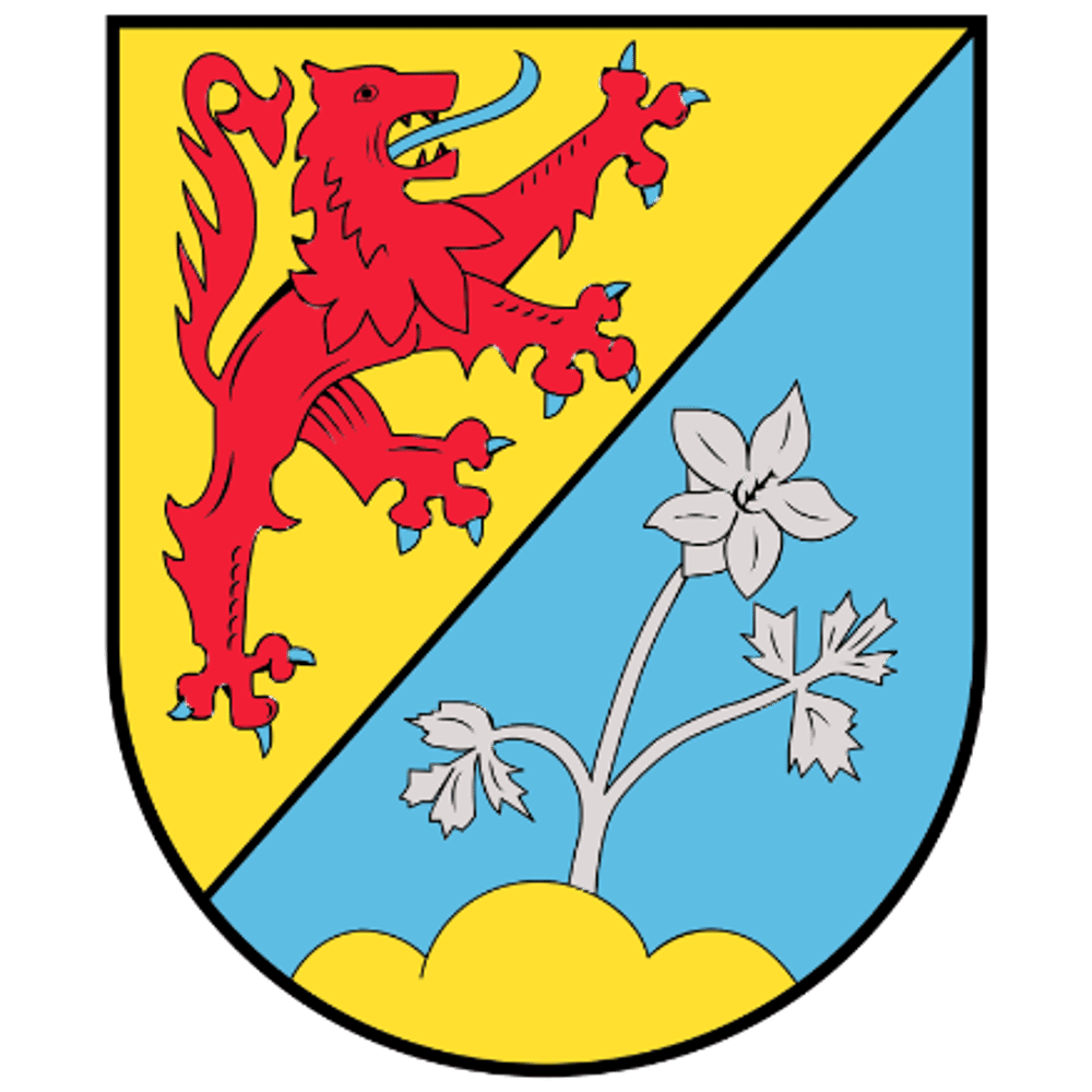 Wappen Niederalben, mit Kuhschelle und Löwe