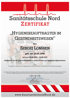 Zertifikat der Sanitätsschule Nord für Sergej Lomakin als Hygienebeauftragter im Gesundheitswesen.