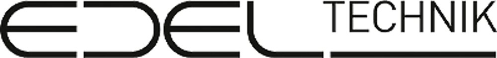EDEL TECHNIK Logo mit stilisierten Buchstaben in dunklem Grau auf grünem Hintergrund.