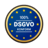 Blaues Siegel mit goldenem Rand und Sternen, Aufschrift "100% DSGVO KONFORM".