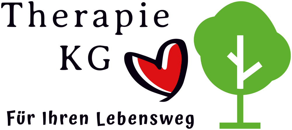 Therapie KG: Für Ihren Lebensweg. Rotes Herz und grüner Baum auf dunkelgrünem Hintergrund.