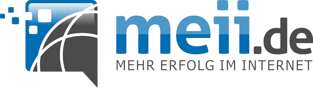 Logo von mei11.de mit einer blauen Sprechblase, die ein stilisiertes graues Globus-Symbol und kleine blaue Quadrate zeigt.