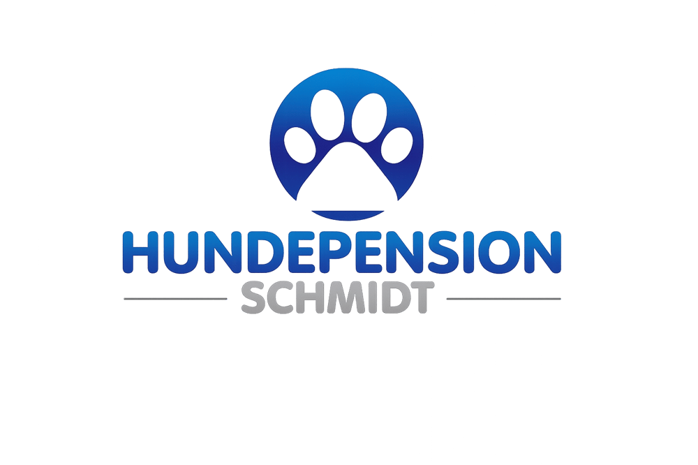 Hundepension Schmidt Logo: blauer Kreis mit Pfotenabdruck, darunter "HUNDEPENSION" in Blau und "SCHMIDT" in Grau.