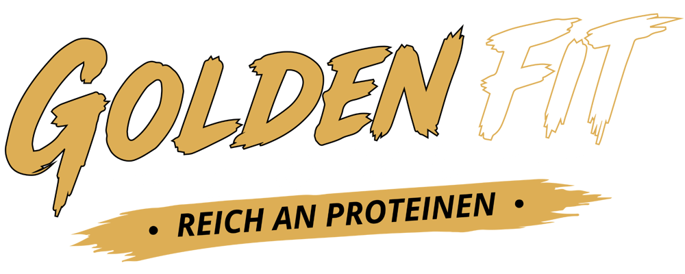 Goldener Text "GOLDEN FIT BOWL" über "REICH AN PROTEINE" auf schwarzem Hintergrund.