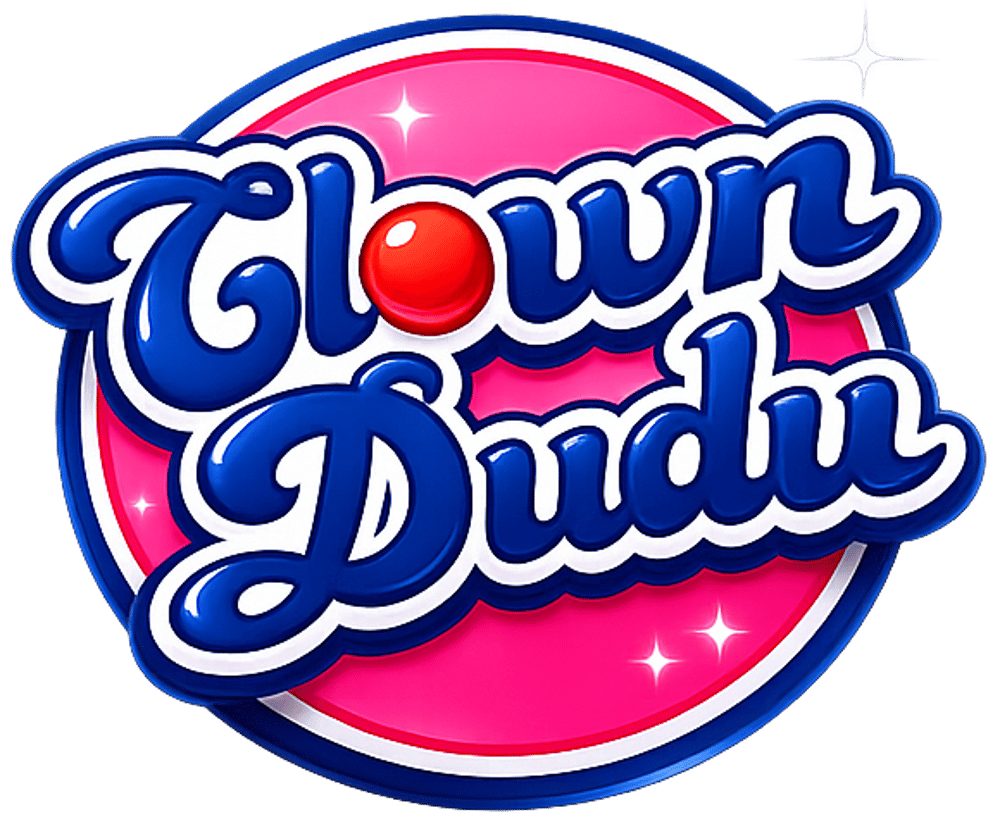 Blauer Text "Clown Dudu" mit beigem Schatten auf einem rosa Kreis mit fuchsiafarbenem Rand.