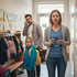 Eltern stehen mit ihrem Kind vor einer Garderobe, das Kind schaut verunsichert auf seine gestresste Mutter 