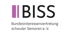 Logo von BISS, Bundesinteressenvertretung schwuler Senioren e.V., mit lila Säulen und schwarzem Text auf dunkelgrünem Hintergrund.