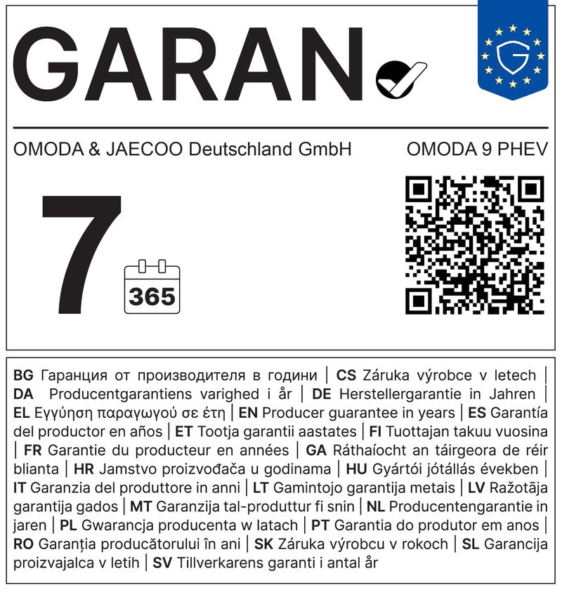 GARAN-Kennzeichnung Omoda 9 PHEV: 7 Jahre Herstellergarantie, OMODA & JAECOO Deutschland GmbH
