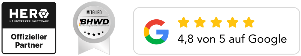 HERO Handwerkersoftware Offizieller Partner, Mitglied BHWD, Google Bewertung 4,8 von 5 Sternen.
