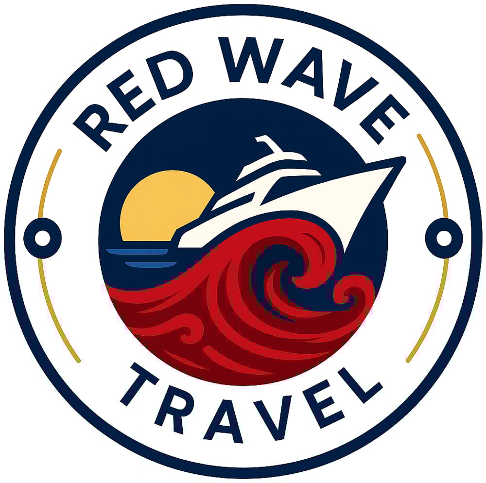 Red Wave Travel logo with a white yacht on red waves, a yellow sun, and dark blue sky.